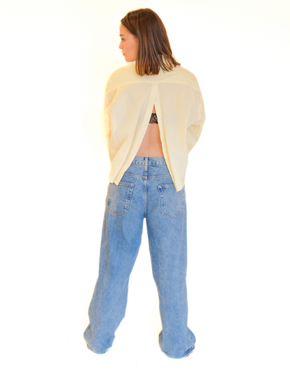 Cropped open back blouse with buttons - yellow