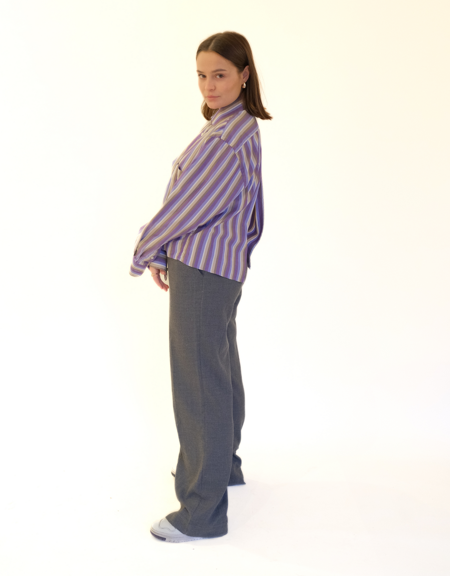 Cropped open back blouse - purple/grey striped