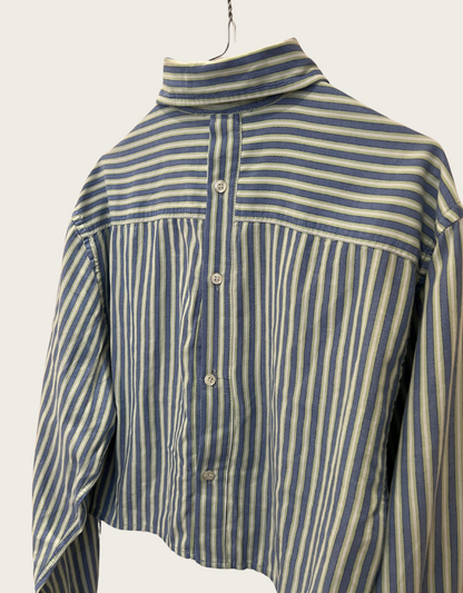 Cropped open back blouse with buttons - striped blue/green