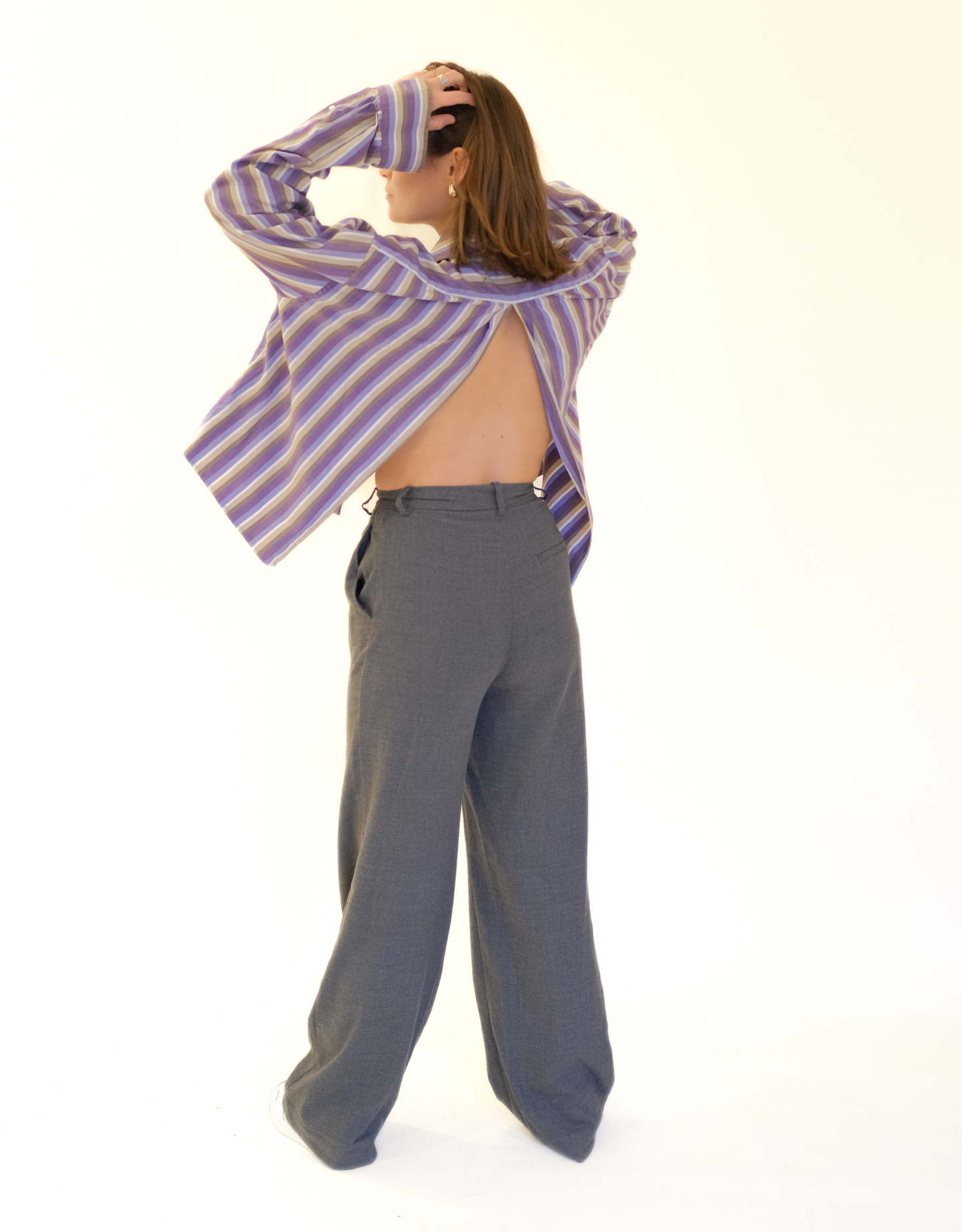 Cropped open back blouse - purple/grey striped