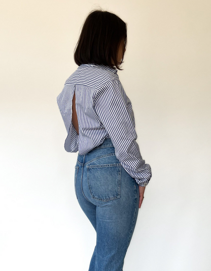 Cropped open back blouse with straps and puffy sleeve - striped blue/white