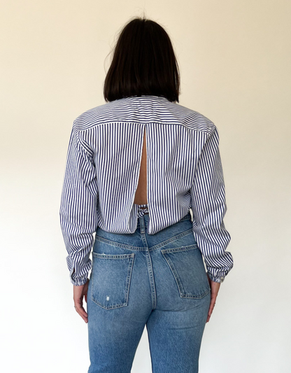 Cropped open back blouse with straps and puffy sleeve - striped blue/white