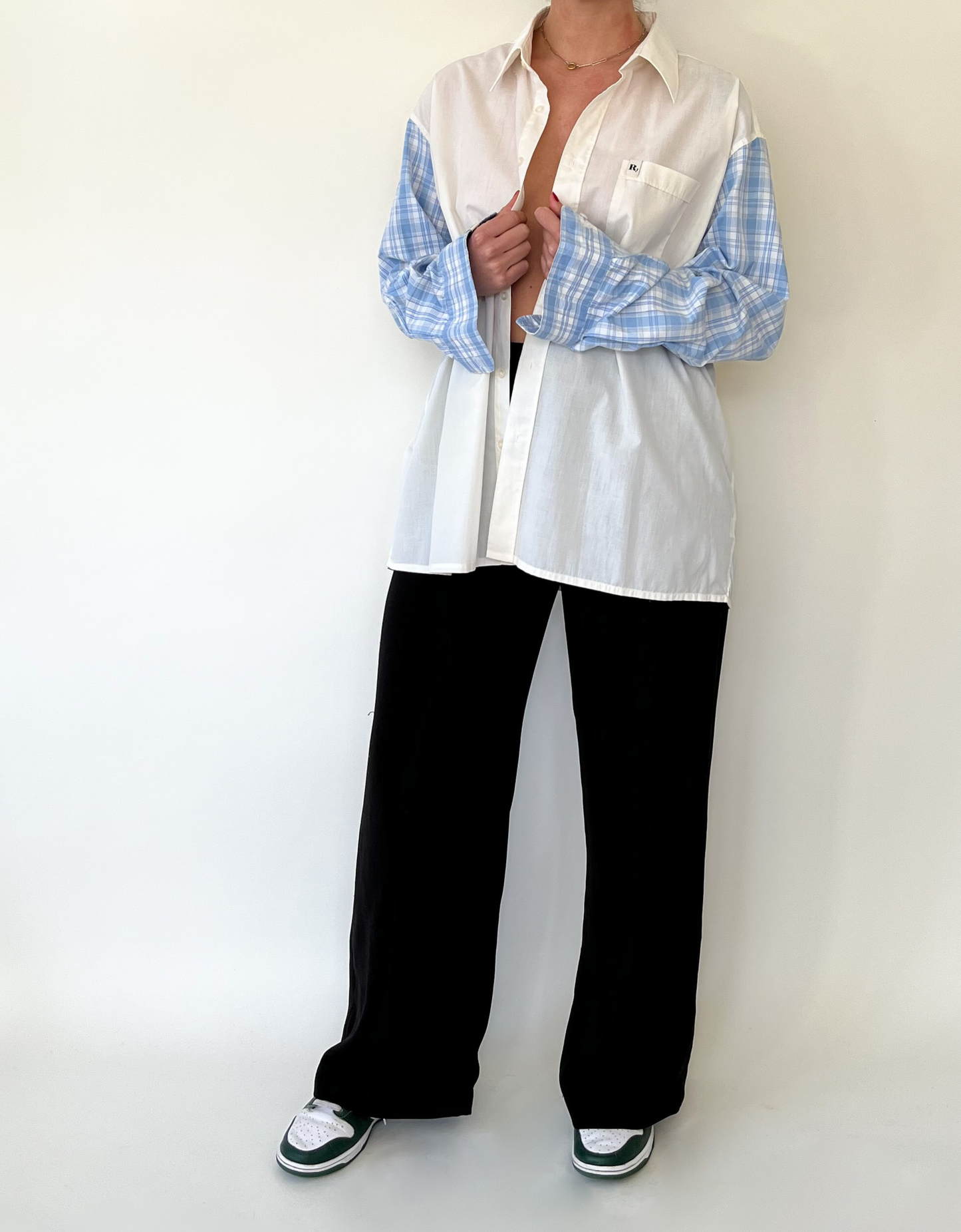 Duo blouse white - blue checkered sleeves