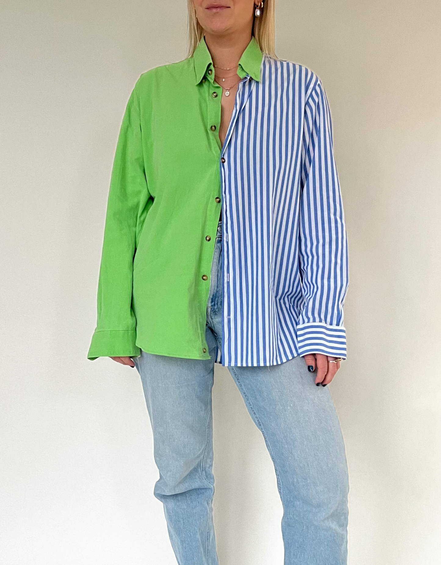 Duo blouse green - blue white stripe